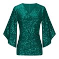 thumbnail image 6 of Mikilon Women's Sequin Tops 3/4 Sleeve Solid Color Party Blouse V-Neck Dressy Tops for Evening Party, 6 of 8