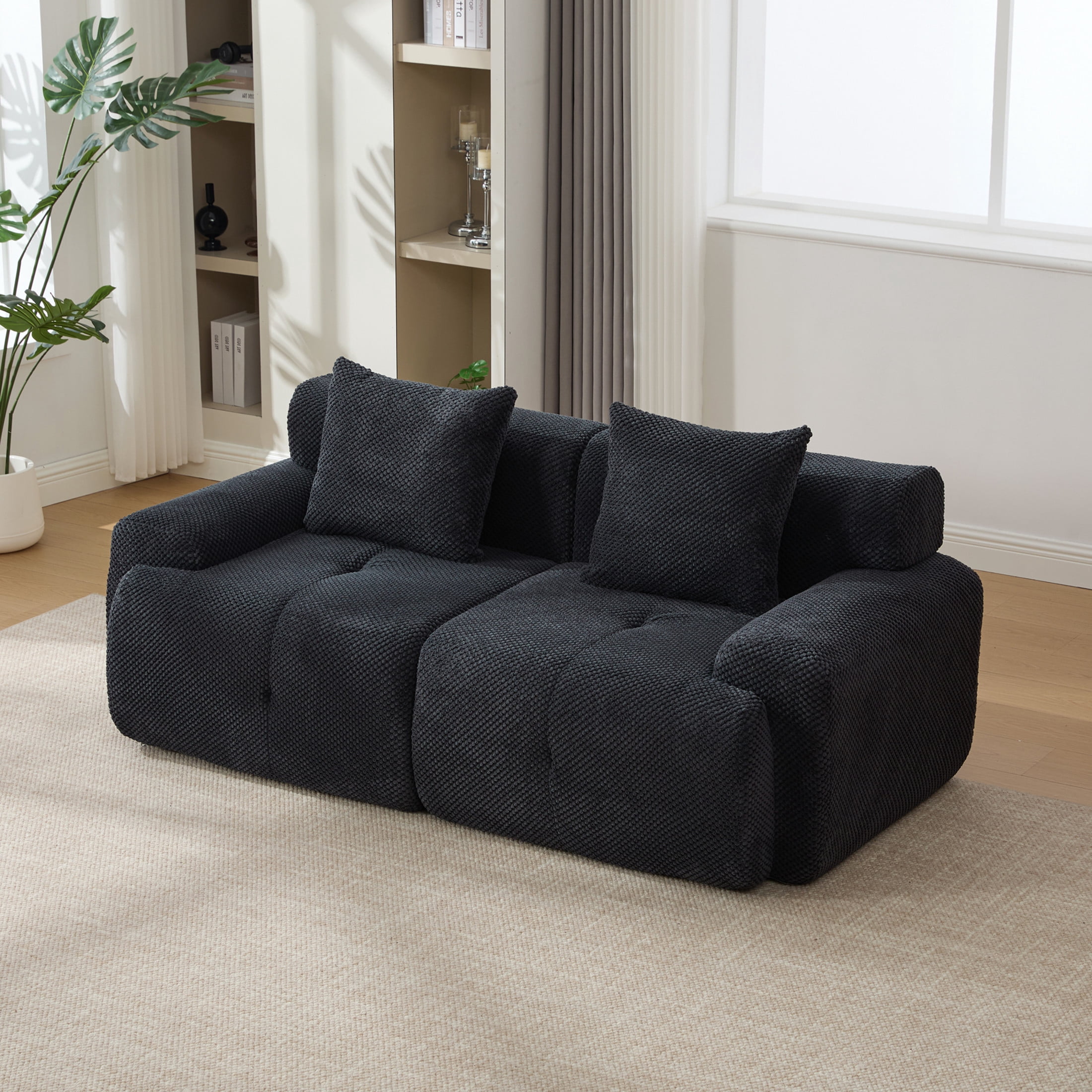 Noble House Marford 73" Modular Cloud Loveseat, Fuzzy Fabric Floor Sectional Sofa with Pillows, All-Foam, Charcoal