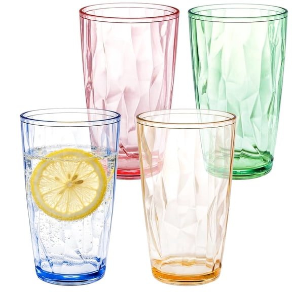 LQQBOX Plastic Drinking Glasses, 16oz Plastic Tumbler Set of 4, Colorful Reusable Acrylic Cups for Water, Juice, Milk, Beer, Unbreakable Wine Glasses for Home & Outdoor