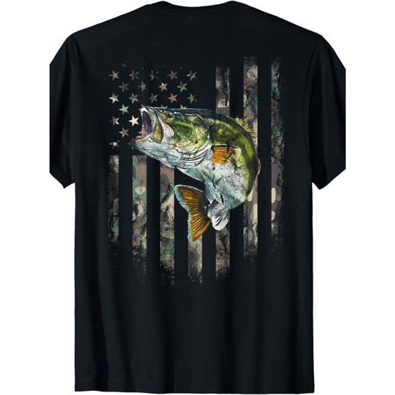 American Flag (Print on the Back) Camo Bass Fish Fishing T-Shirt 100% cotton