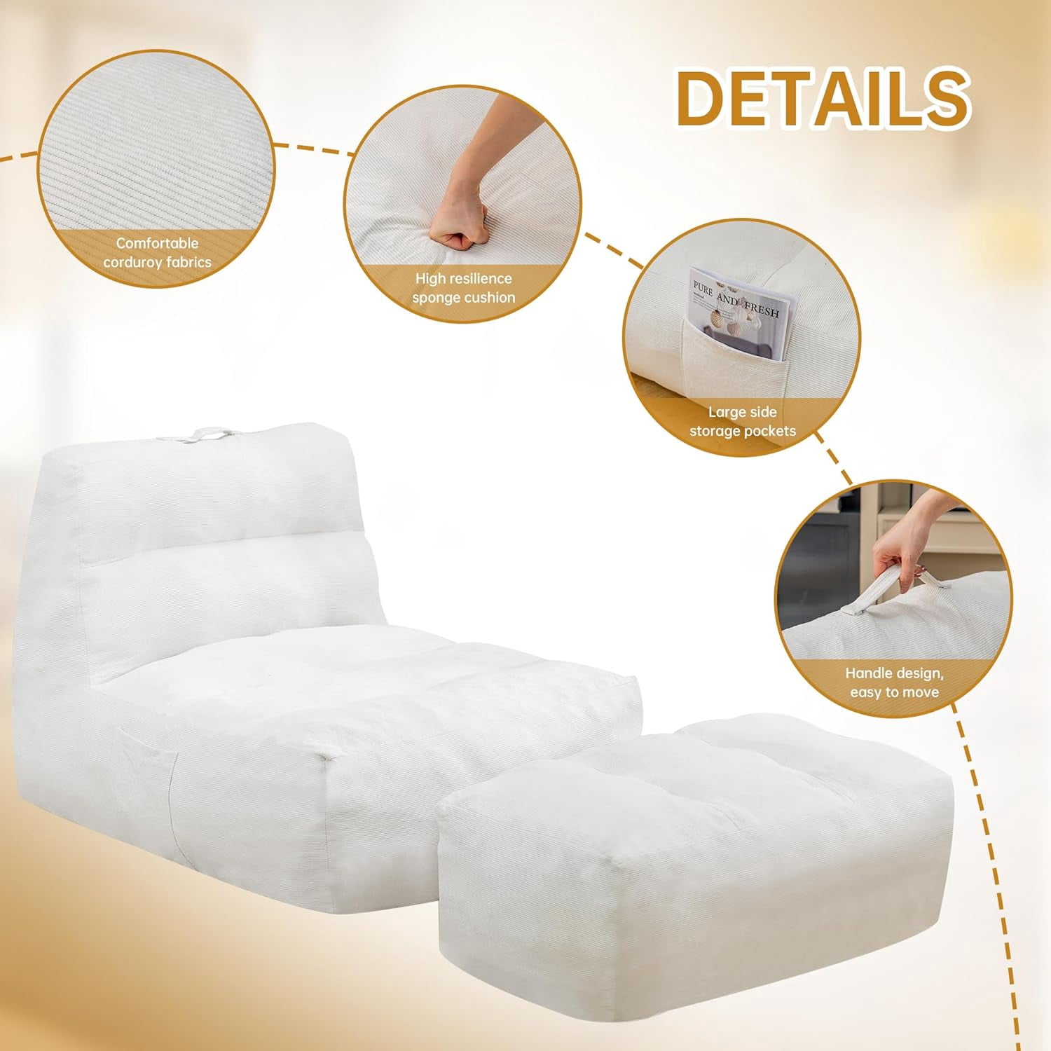 LinkRomat Giant Bean Bag Chair with Ottoman for Adults, Oversized Corduroy Memory Foam Beanbag Chair with Filler Included, Comfy Lounge & Gaming Chair for Living Room and Bedroom