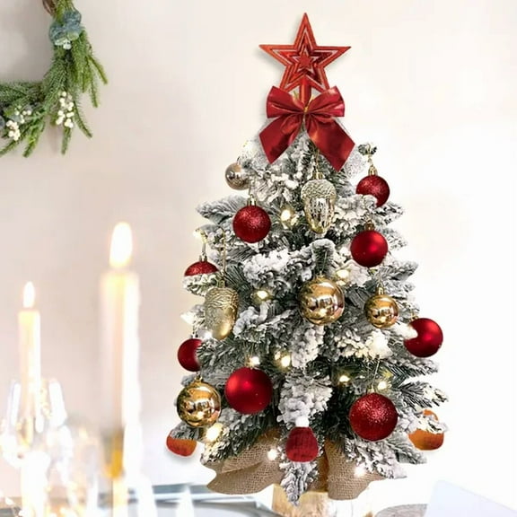 22in Mini Christmas Tree with Lights Artificial Small Tabletop Woodland Christmas Decoration Flocked Snow Exquisite Xmas Ornaments for Home Office