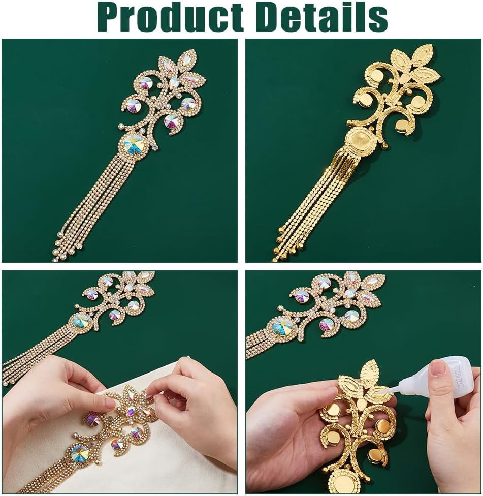 2PCS Rhinestone Applique Patches Tassel Rhinestone Patches Gold Tassel Epaulettes Glitter Shoulder Appliques Sew on Patch Costume Accessories for Dress Wedding Clothes Decoration