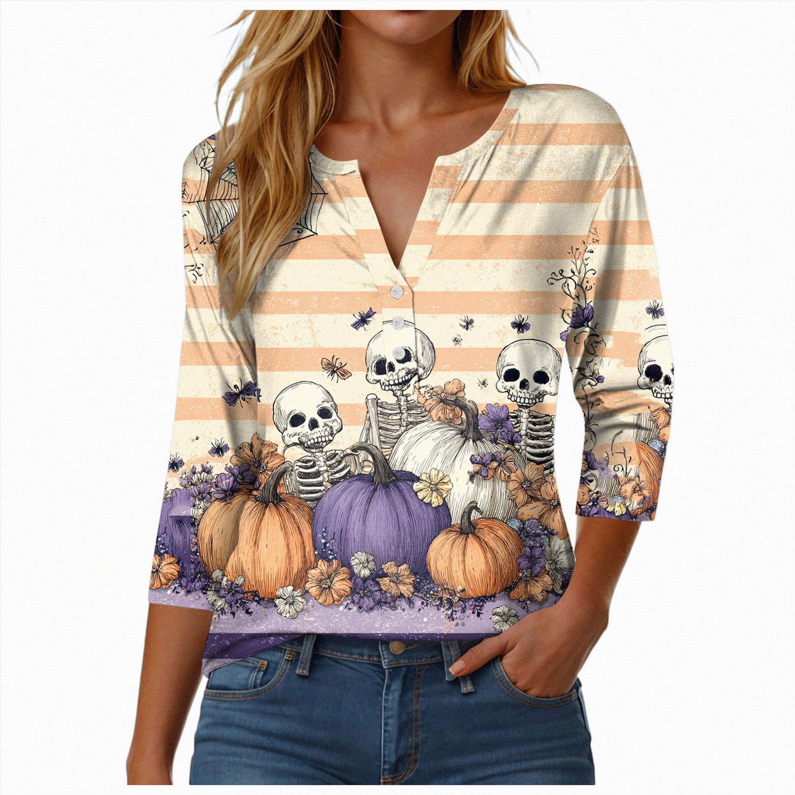 Halloween Womens T Shirts Casual Tee Workout Tops Gym Clothes Summer Loose Fit Short Sleeve Graphics Basic graphic tees women(Beige S)