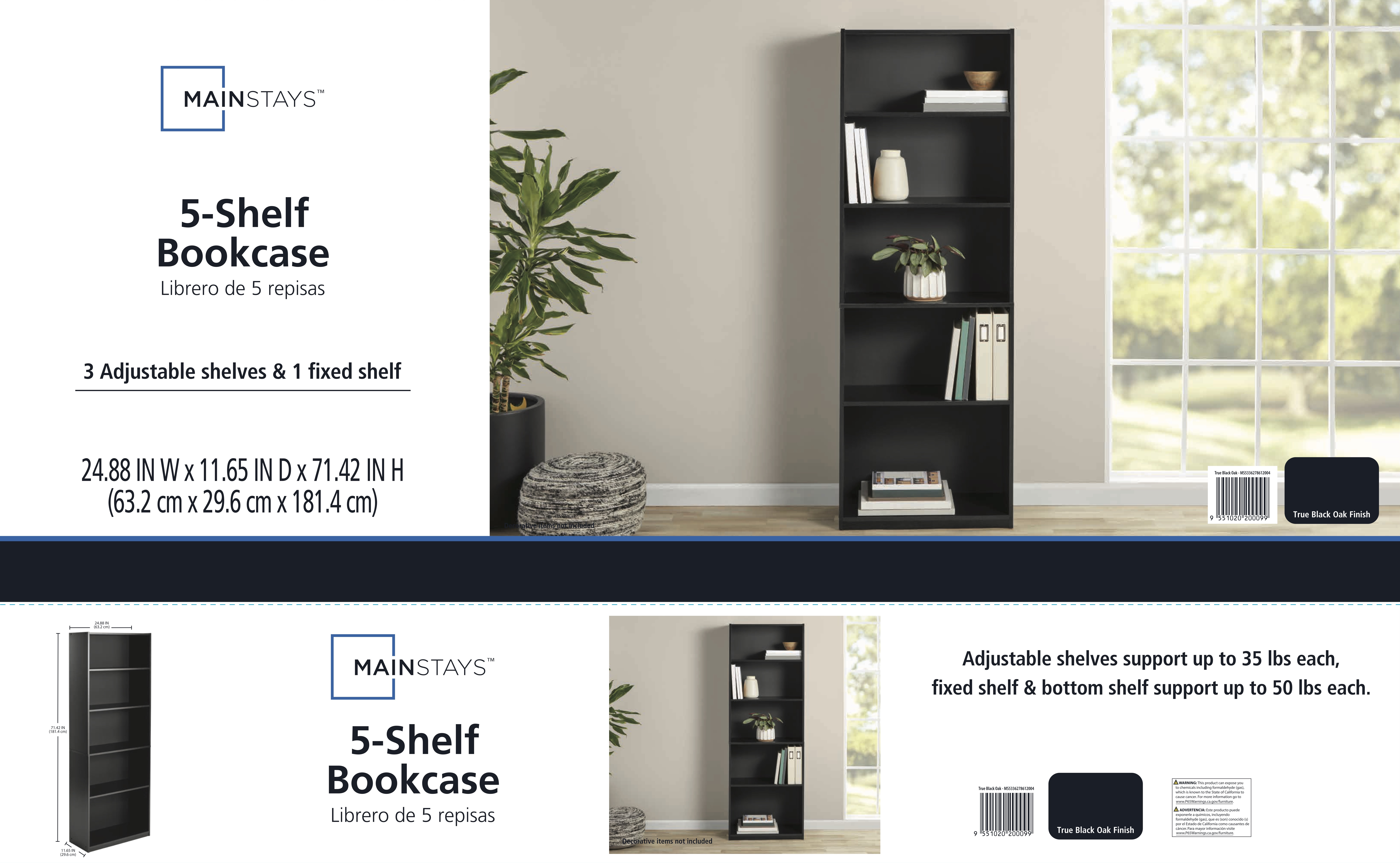 MAINSTAYS 5-SHELF BOOKCASE WITH ADJUSTABLE SHELVES, TRUE BLACK OAK