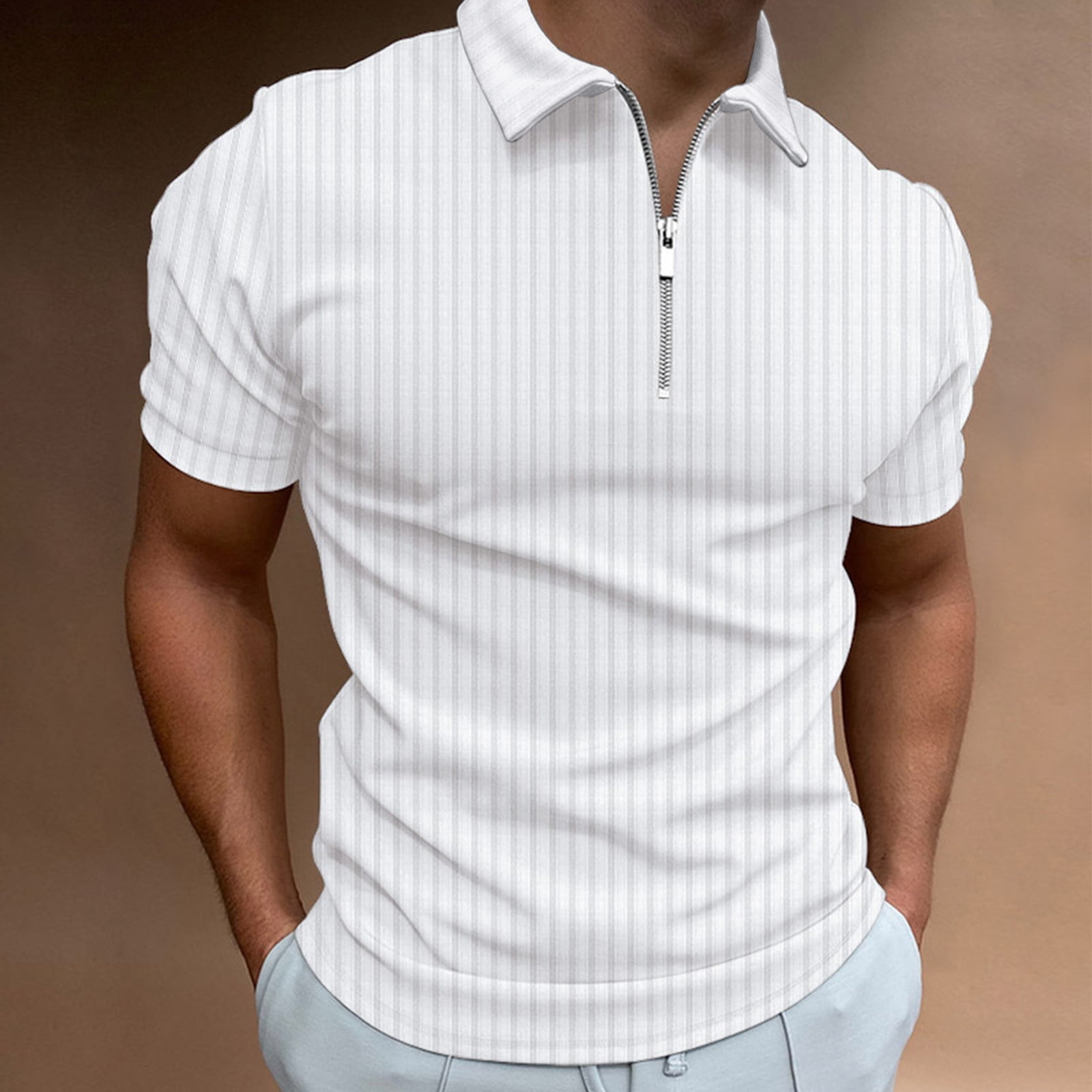 white zip up polo shirt
