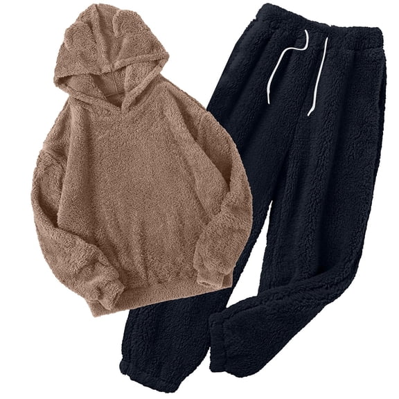 Women' s Fluffy Pajamas Set Fleece Pullover Pants Loose Plush Sleepwear 2 Piece Pjs Set Warm Loungewear Fuzzy,Navy,L