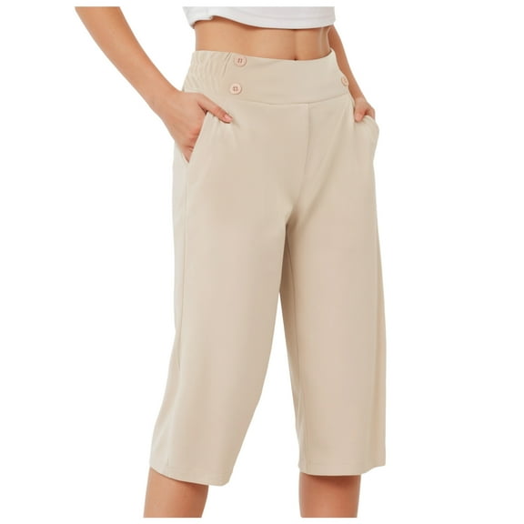 felwors Capris for Seniors Stretch High Waisted Crop Office Work Pants Summer Casual Capri Slacks Yoga Dress Pant Beige, L