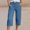 thumbnail image 2 of Plus Size Women's Cotton Linen Drawstring Elastic Waist Capri Shorts, Solid Pocket Lightweight Loose Trousers, Cool Summer Casual Bottoms for Home Vacation Outdoor | TruHer,Blue 5XL, 2 of 8