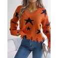 thumbnail image 2 of V Neck Star Pattern Distressed Detail Cropped Sweater for Women Orange Large, 2 of 5