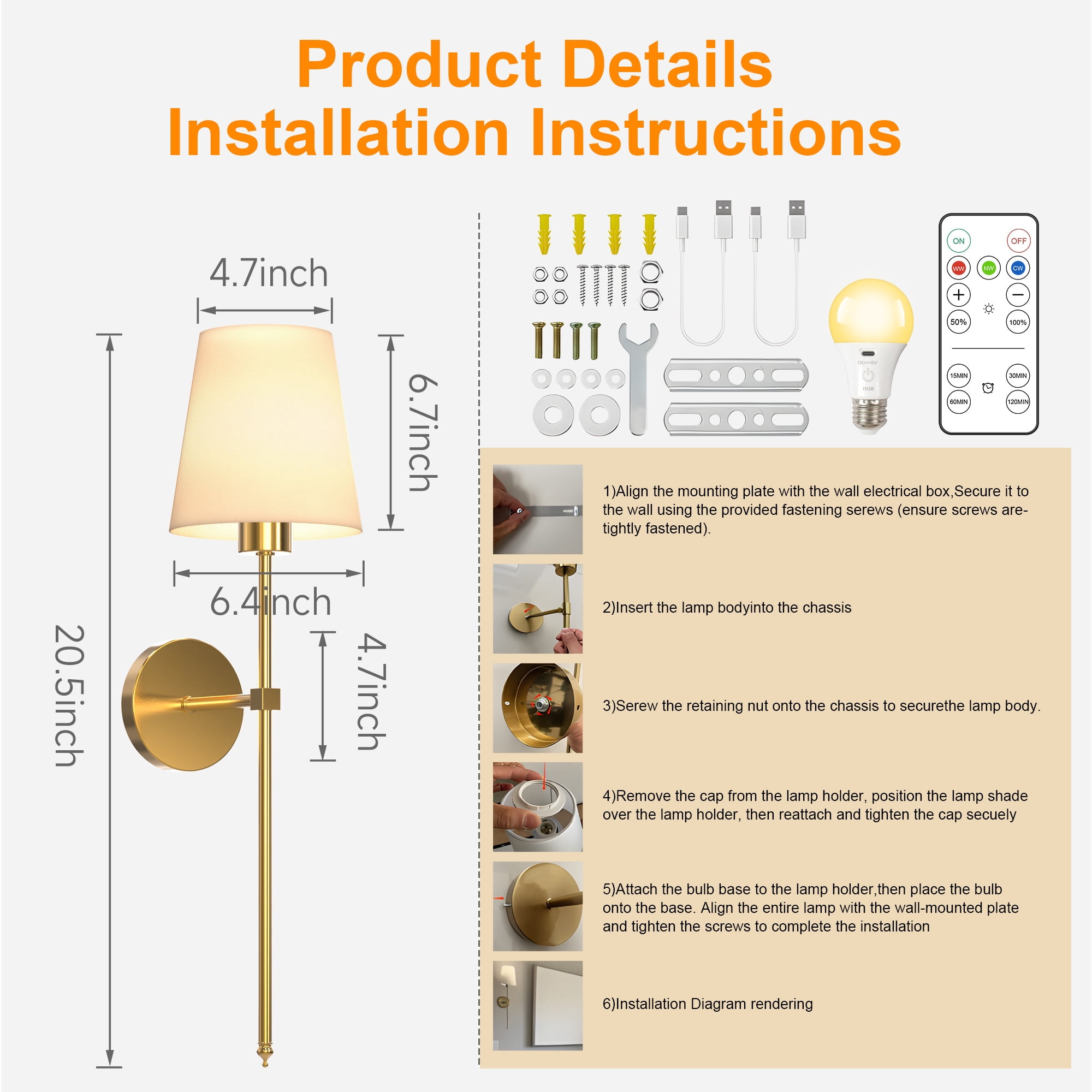 DAYBETTER Battery Operated Wall Sconces Set of 2, Wireless Rechargeable Hallway Light with Remote, 3 Color Temps Dimmable Lamp for Living Room