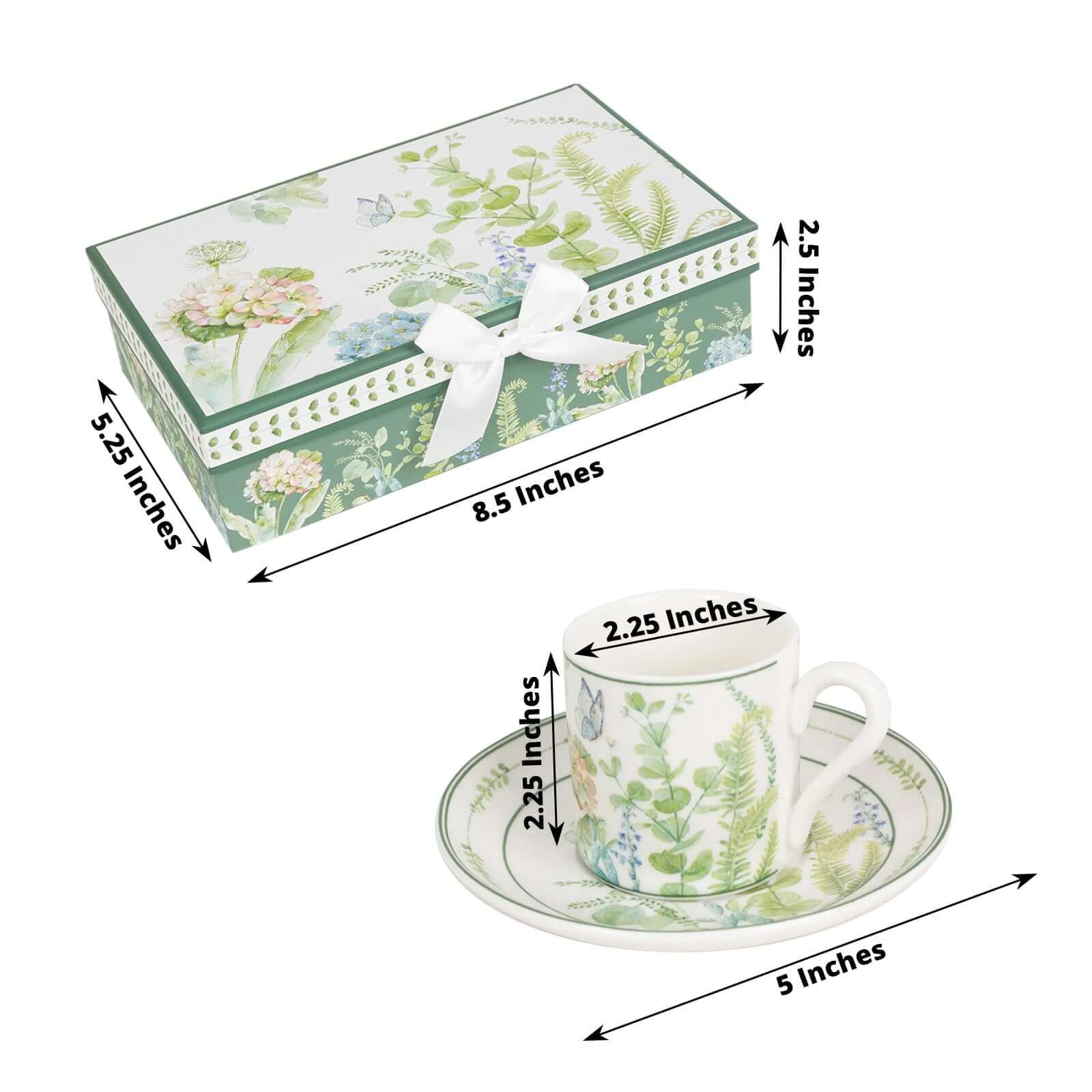 Efavormart Set of 2 Greenery Theme Porcelain Espresso Cups and Saucers with Matching Keepsake Gift Box, Bridal Shower Gift Set