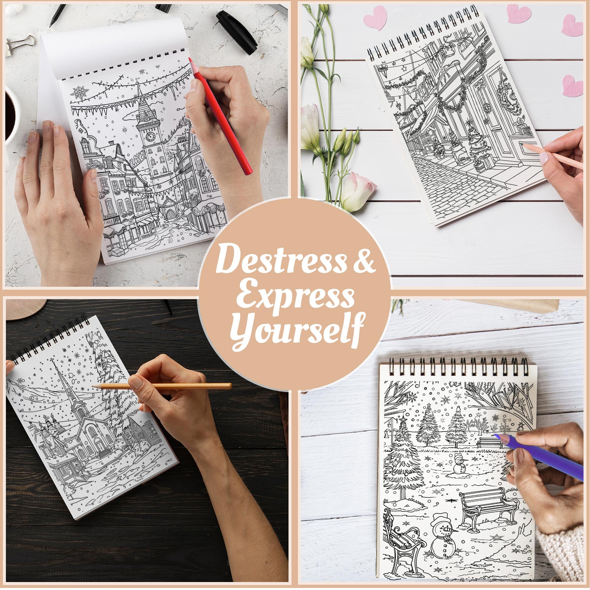 Netecom Christmas Town Coloring Book Spiral Bound For Adults, A5 Wooden Cover, 30 Beautiful Coloring Pages of Christmas Towns for Stress Relief and Relaxation