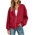 thumbnail image 2 of Chiccall Women's Full Zip Bomber Sweatshirt Jacket Thumb Hole Cuffs Oversized Long Sleeve V Neck Loose Casual Coat with Side Pockets, 2 of 7