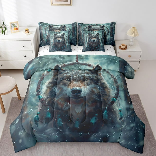 Ensemble de Literie Hippie Loup Taille Simple 7 Pcs, Ensemble de Douillette Faune de Jungle, Ensembles de Douillette Attrape-Rêves Boho Chic, Hiver Neige, Lit Tout-en-un, Ensemble de Draps Style Bohème, Déco de Chambre Enfants Garçons Filles
