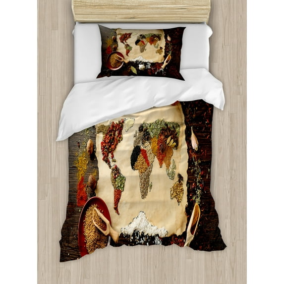 Spice Duvet Cover Set Twin Size, Mapping Illustration Formed with Different Kinds of Ingredients on a Wooden Backdrop, Decorative 2 Piece Bedding Set with 1 Pillow Sham, Multicolor, by Ambesonne