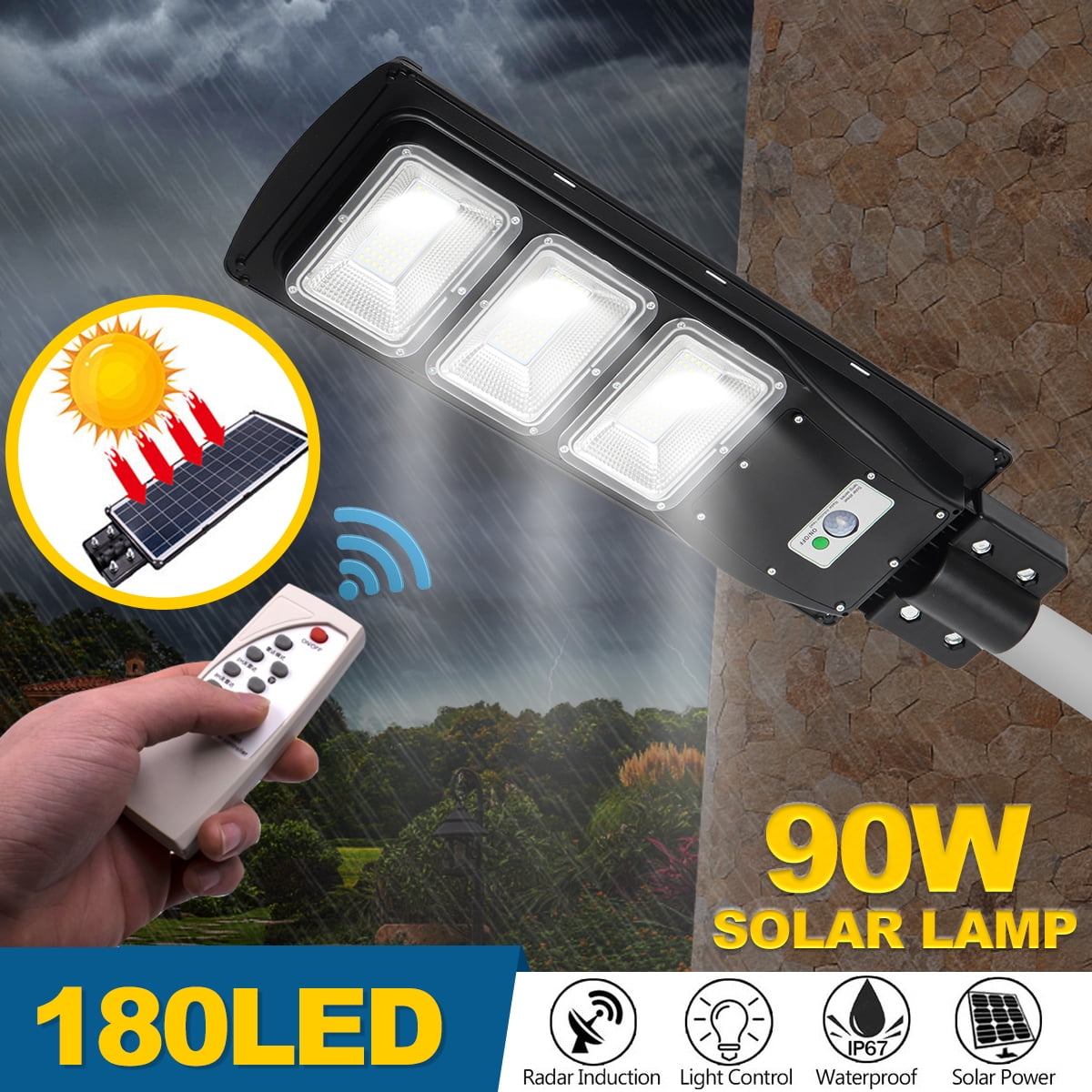 60/90W Solar Powered LED Street Light Outdoor Pole Mount Lamp IP67 with Remote 