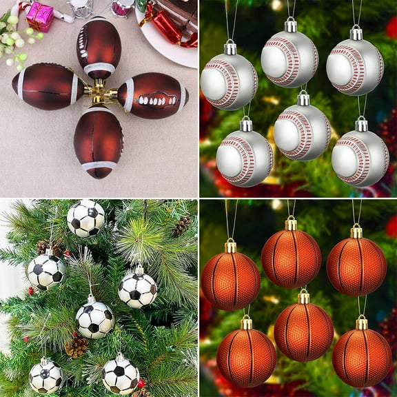 4 Packs Christmas Ball Ornaments Xmas Tree Ball Decorations for Xmas Holiday Sports Theme Party Basketball Party Supplies Soccer Ball Baseball Hanging Ornaments