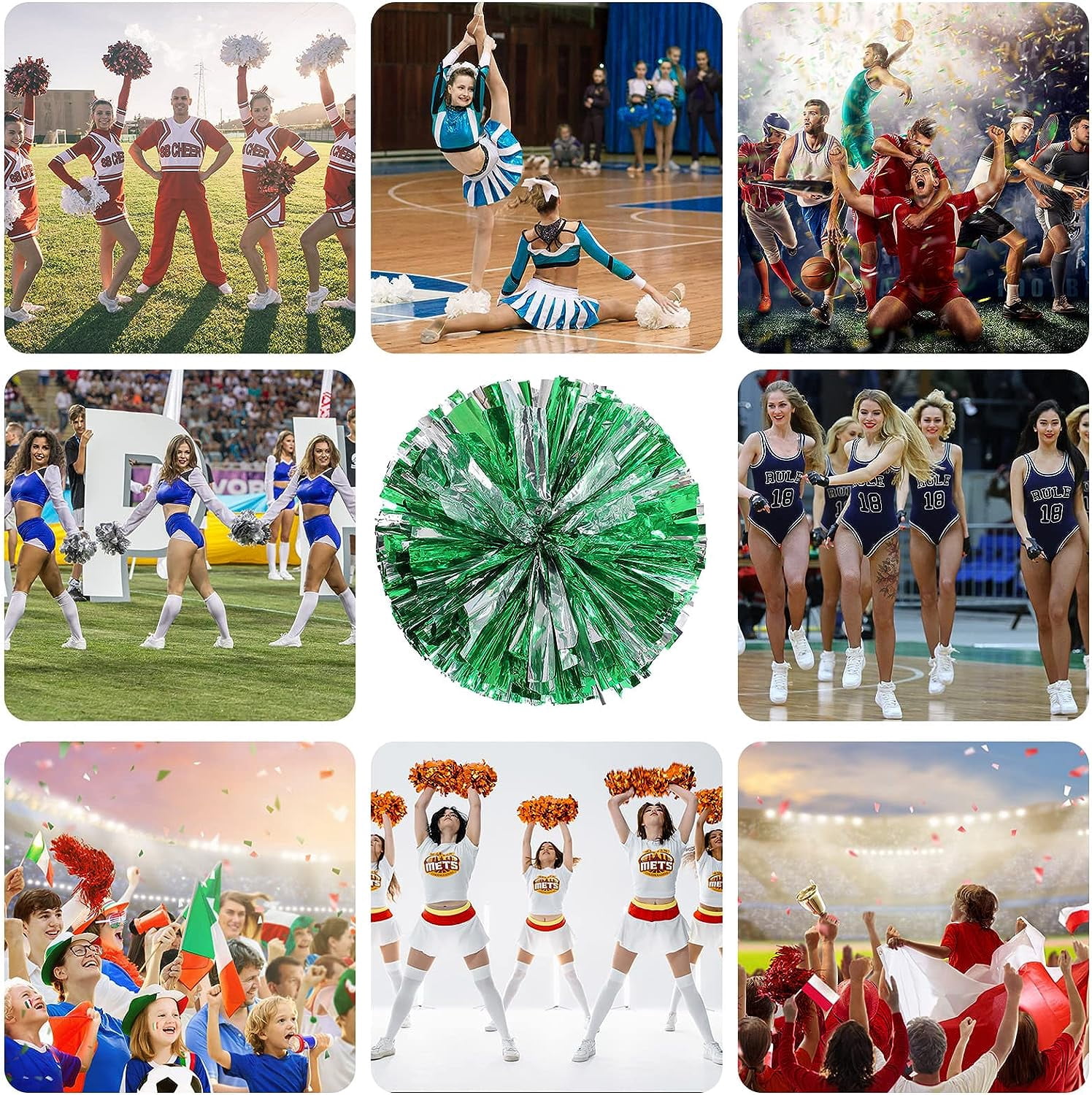 LINLIN Cheer pom pom, 8 PCS Cheerleading Pom Poms, Premium Metallic Pom Poms Set Cheering Hand Flowers Handle Dance Pom Poms Cheering Squad Pompoms for Football Basketball Cheers