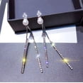 thumbnail image 5 of Pendientes de perlas con borlas largas y aguja de plata 925 para dos usos, temperamento simple, pendientes de diamantes, cara redonda, finos, ideales para caras redondas, 5 of 5