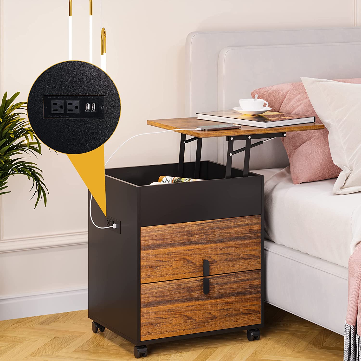 HNEBC Adjustable Nightstand with 2 USB Charging Station Modern Bedside