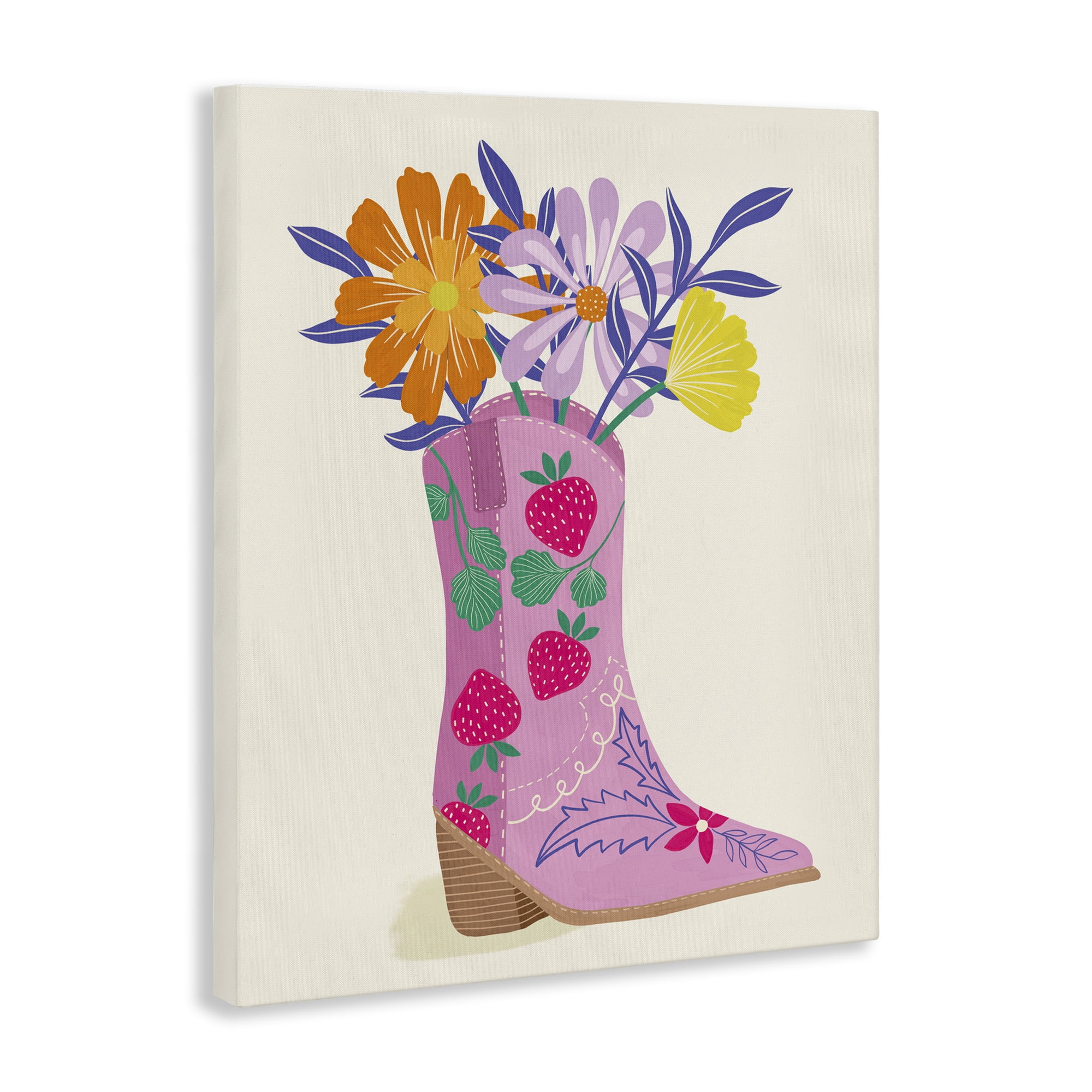Stupell Industries Strawberry Patterned Floral Boots Plants & Flowers Painting Wrapped Canvas Art Print Wall Art, 36 x 48