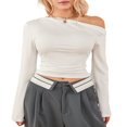 thumbnail image 1 of Women Solid Color Crop Tops Oblique Shoulder Long Sleeve T-Shirts, 1 of 9