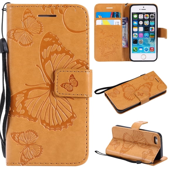 iPhone 5S Case,iPhone 5 Case,iPhone SE(2016) Wallet case, Allytech Pretty Retro Embossed Butterfly Flower Design Pu Leather Book Style Wallet Flip Case Cover for Apple iPhone 5/ 5S /SE(2016), Yellow