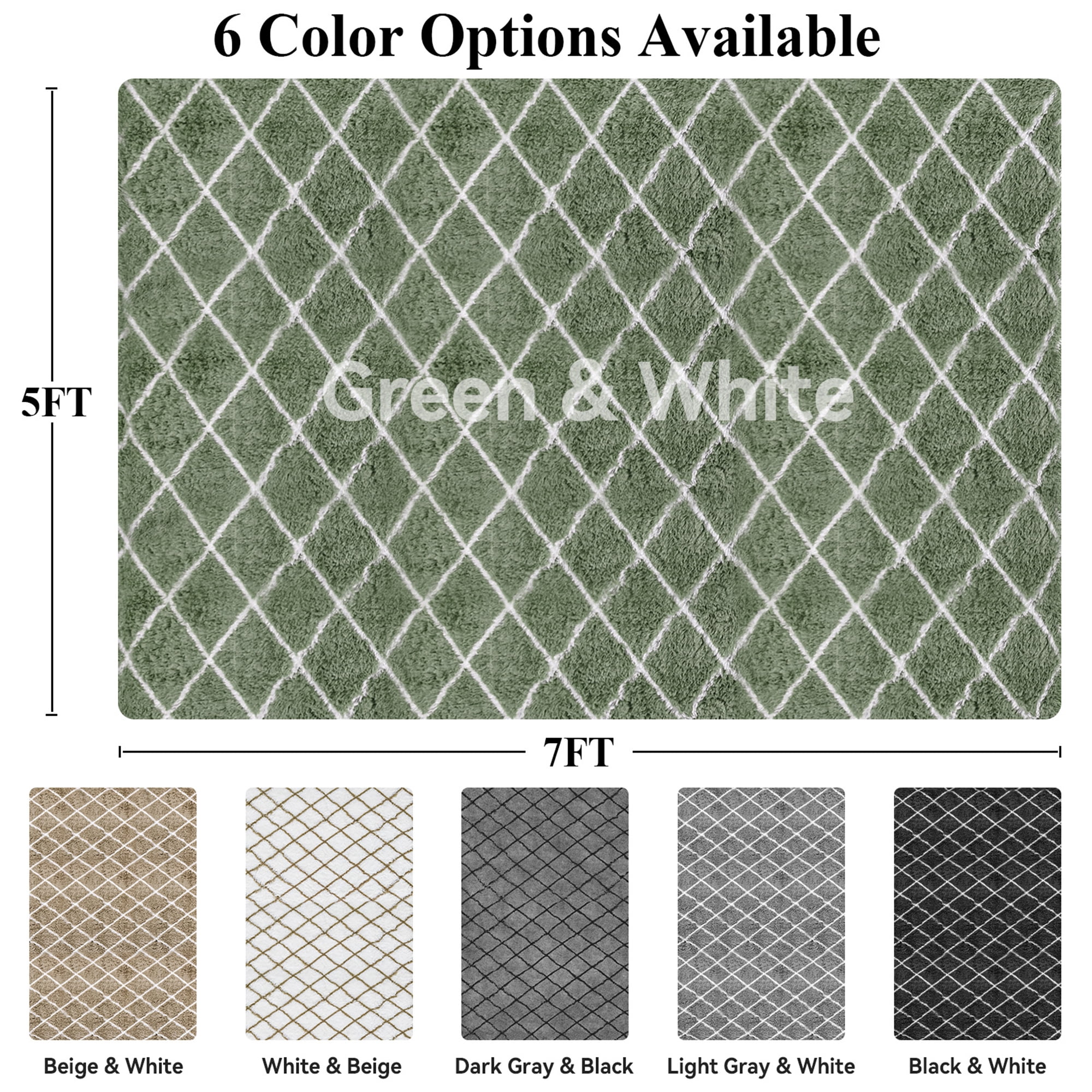 CozyDesg Shag Area Rugs,5'x7' Soft Fluffy Shaggy Carpet for Living Room,Large Rug for Bedroom Dining Room Home Decor Room Decor,Green & White
