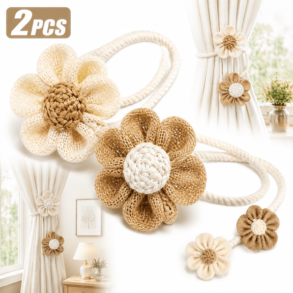 Genreen Rope Curtain Tiebacks 2 Pack | Sunflower Curtain Tieback Boho | Simple Elegant DIY Curtain Holdbacks | Accessories Wall Decoration for Home Office | Cream&Khaki