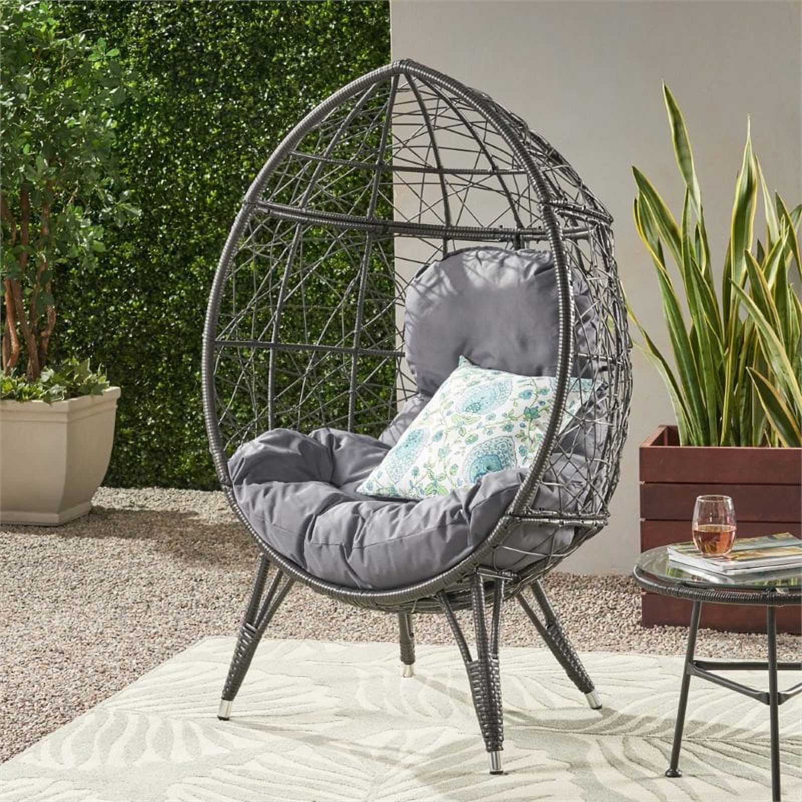Noble House Santino Outdoor Wicker Teardrop Chair in Gray and Dark Gray Walmart