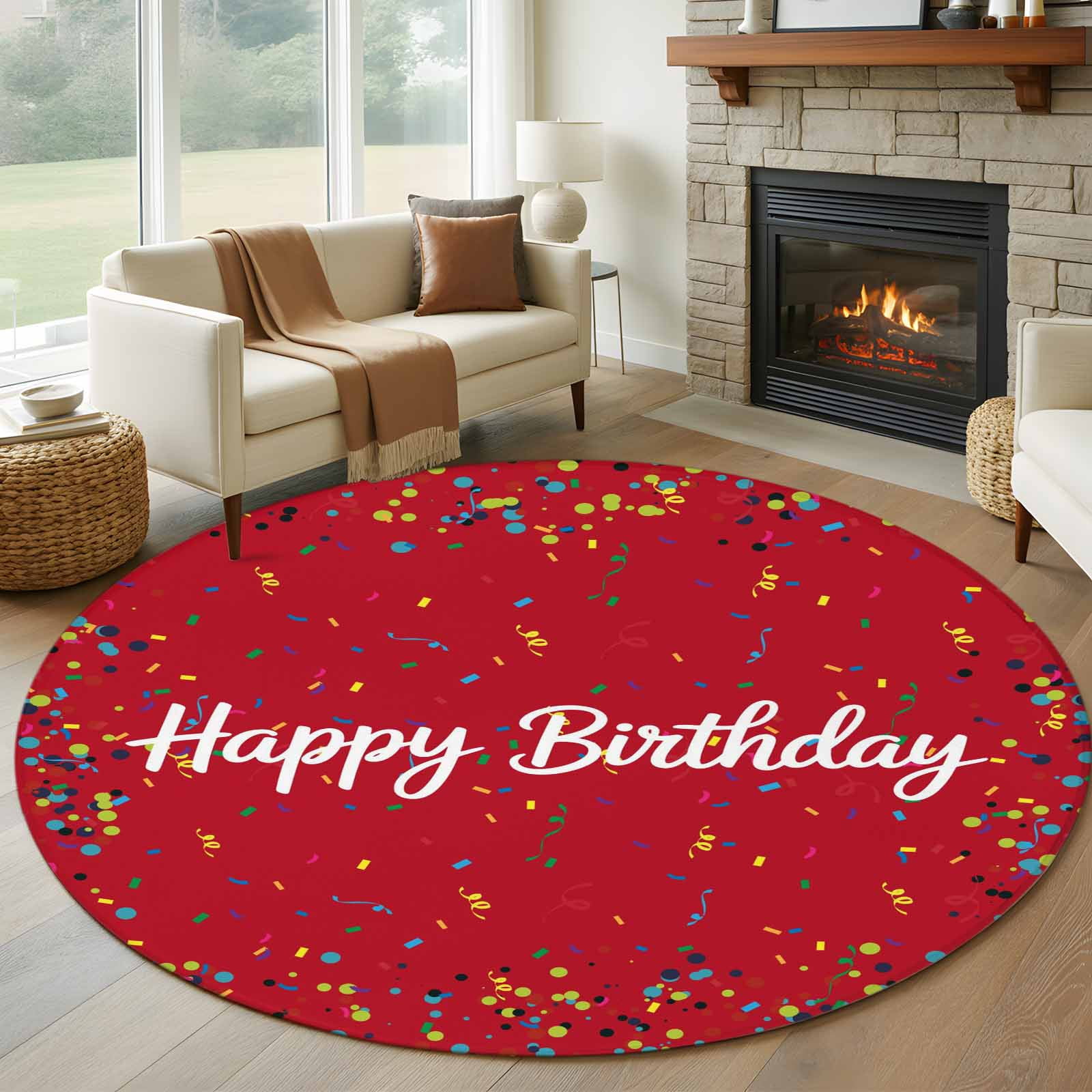 Red Birthday Large Area Rugs for Bedroom Living Room, Soft Non Slip Carpet Bedside Rug, Colorful Confetti Ribbons Polka Dots Classroom Round Floor Cover Kitchen Accent Rug 5' for Dining Room/Office
