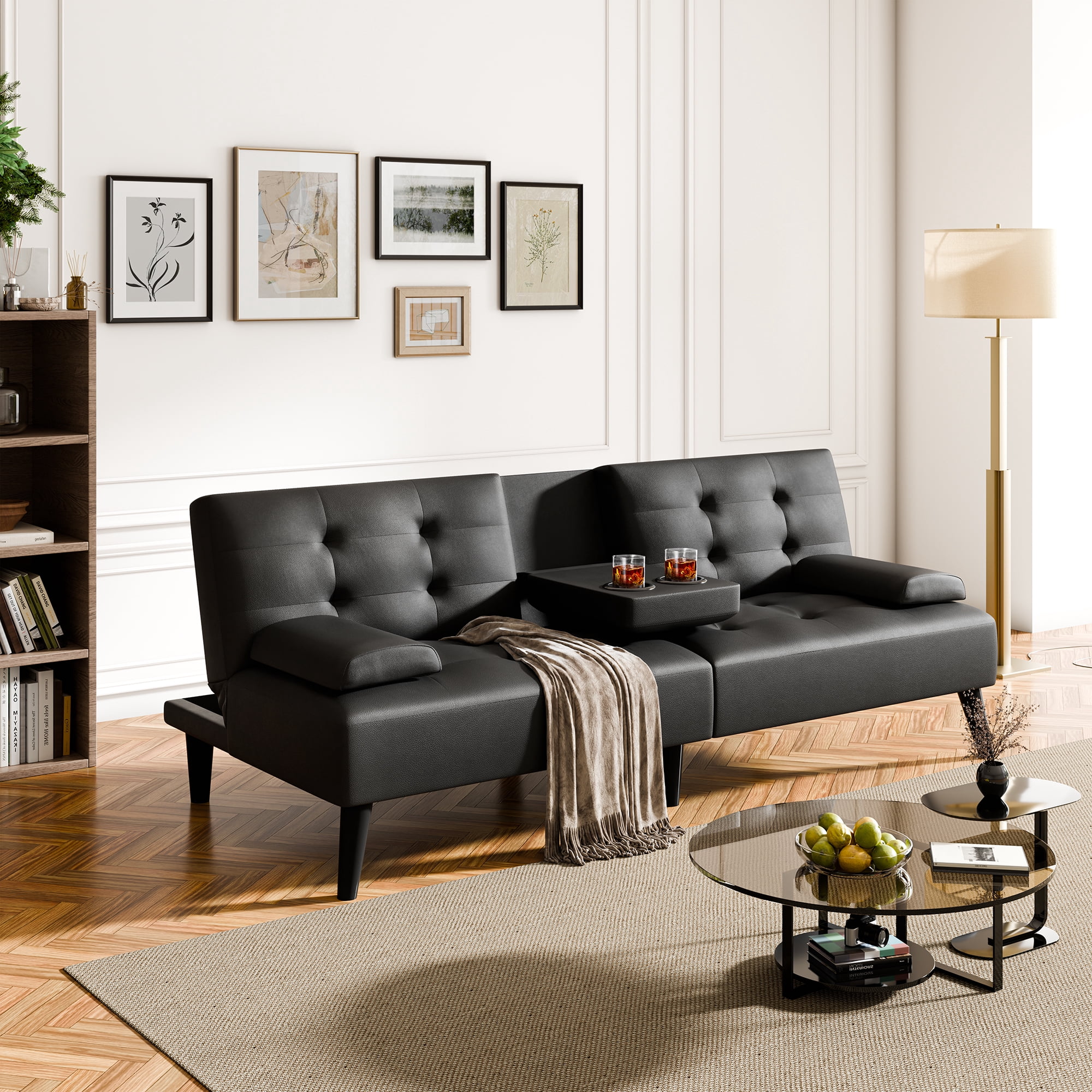 Walsunny Leather Convertible Futon Sofa Bed with 3-Angle Adjustable Split Back, Loveseat Sleeper Sofa Couch for Small Spaces & Guest Rooms, Black