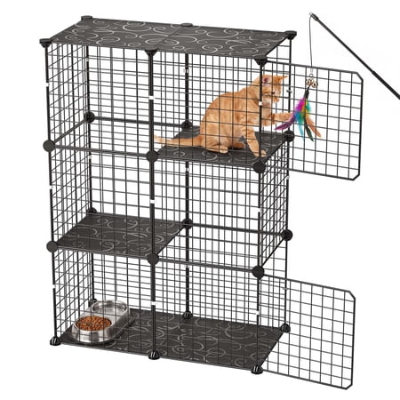 VEVOR Cat Cage 3-Tier 28"x13.98"x40.98" DIY Cat Playpen Indoor Enclosure, Detachable Metal Wire Kennel Crate, Large Exercise Place Ideal for 1-2 Cats, Kittens, Rabbits, Ferrets & Small Animals, Black