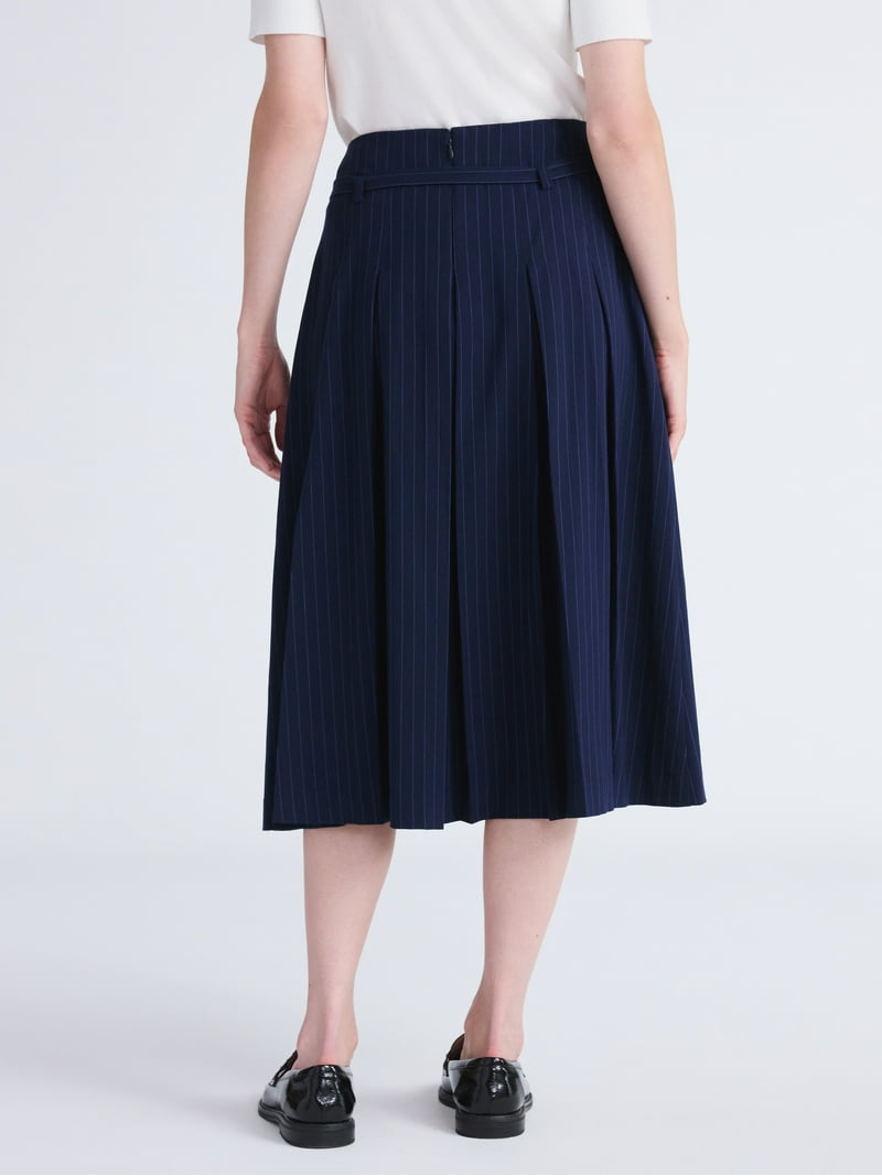 Free Assembly Women's Belted Pleated Pinstripe Midi Skirt, Sizes 0