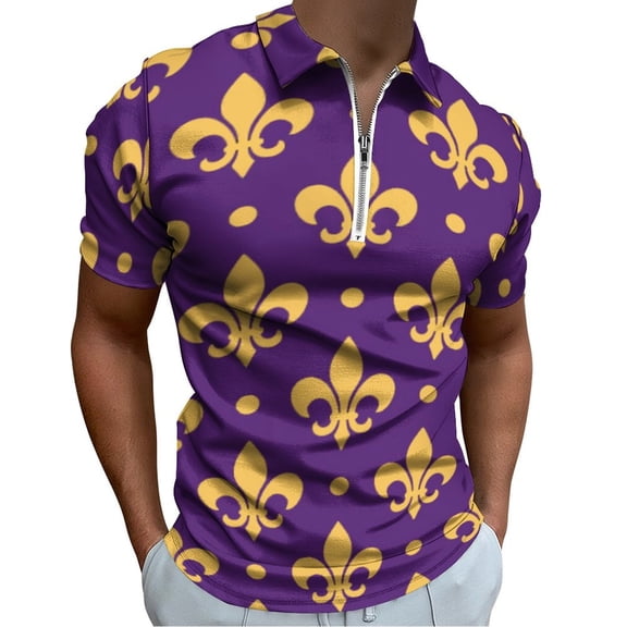 Purple Bright Mardi Gras - Fleur De Lis Men Zipper T-shirt Summer Casual Short Sleeve T-shirt Top