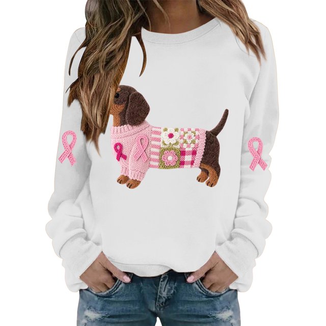 Jindong Women's Dog Ribbon Breast Cancer Awareness Print Sweatshirt