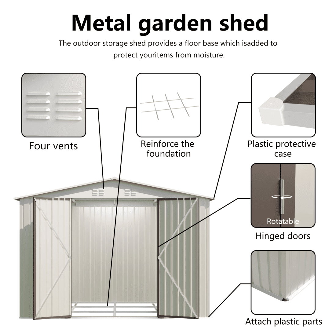10x8 FT Outdoor Storage Shed with Foundation, Metal Garden Shed with Lockable Door and 4 Vents, All-Weather Tool Sheds for Garbage Accessories, White