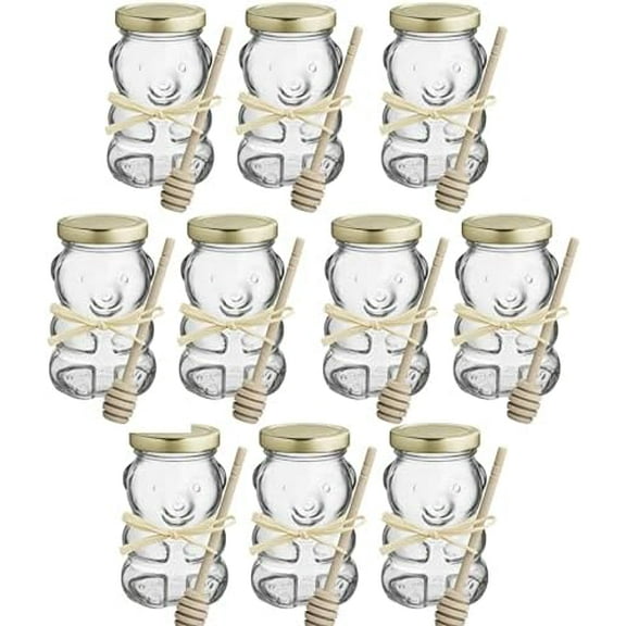 8 oz Glass Bear Honey Jars – Pack of 10 with Gold Lids & Wooden Dippers – Bulk Bear-Shaped Jars for Honey, Party Favors, DIY Gifts, Candy & Events$$Home Decor, Kitchen, & Other