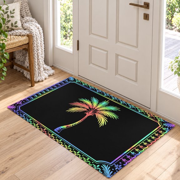 Kitchen Runner Rug Summer Colorful Palm Tree Area Rug for Bedroom Living Room Rug 2x3ft, Soft Sponge Cushioned Non-Slip Washable Rugs, Tropical Botanical on Black Rectangle Rugs for Dining Room