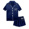 thumbnail image 4 of Kids Boys Silk Pajamas Set Bow Print Short Sleeve Button Down Nightwear with Shorts Set Classic Pajamas Set 10-11 years Pajamas Boy, 4 of 4
