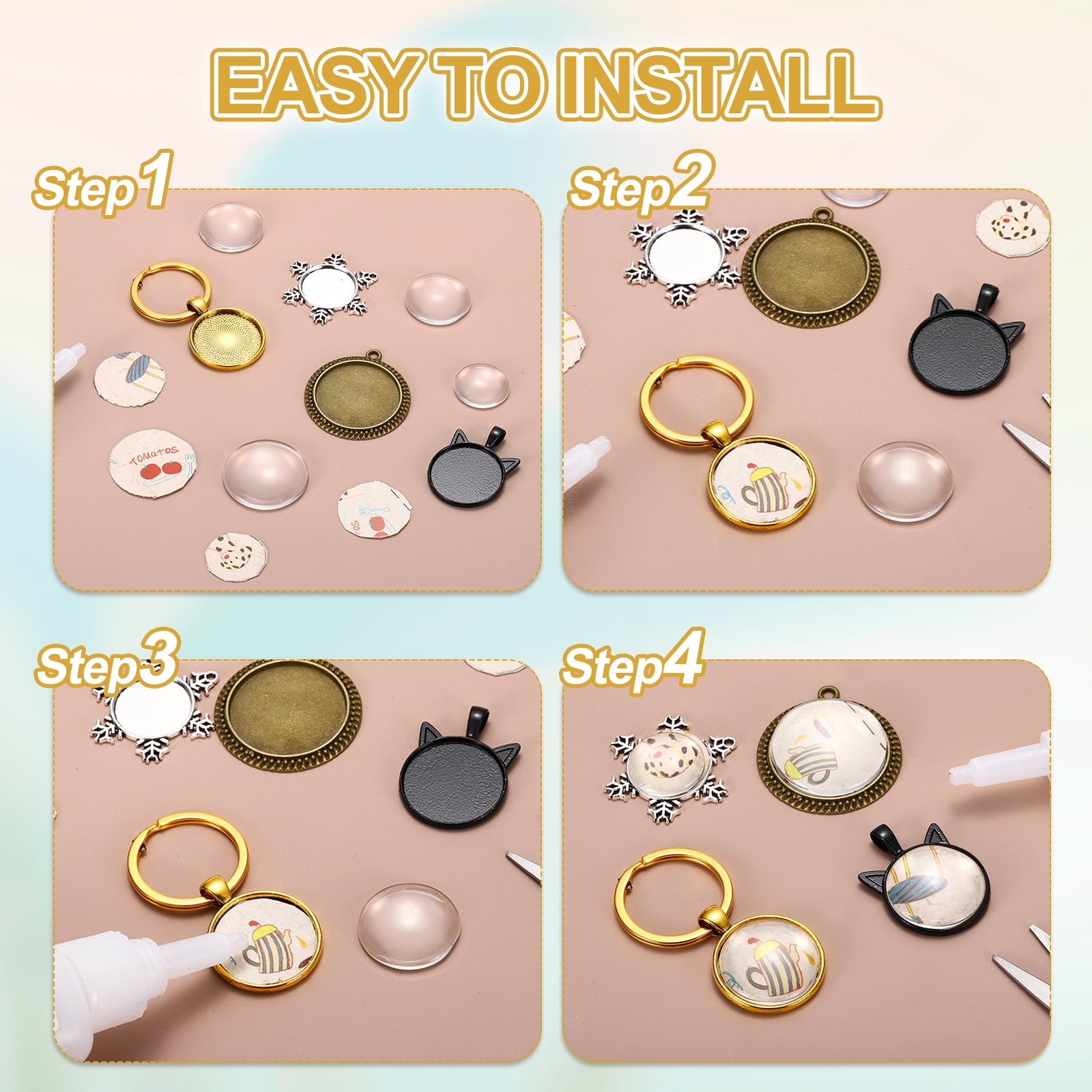Uxcell 20 Pcs 25mm Cabochons Keychain Kit Pendant Setting Trays Glass Cabochons Base Blank Keychain Making Kit for Key Ring Supplies Photo Resin Crafting, Gold Tone