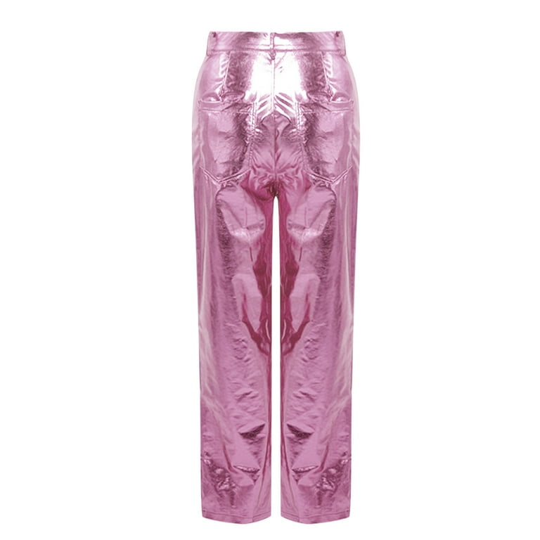 XFLWAM Women's Shiny Metallic Rave Pants Straight Leg Faux