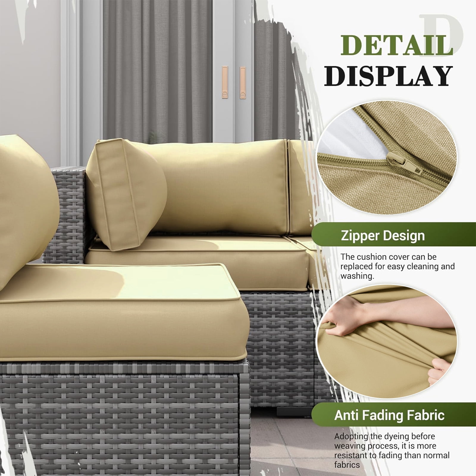 PUKNLY Outdoor Furniture Replacement Cushions, Fits 6-seat Sectional Rattan Conversation Set, 14 Piece Patio Water-Resistant Replacement Sofa Cushions, Liner&Cover（Beige）