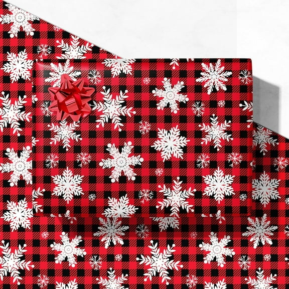 MaxxMarket Christmas Wrapping Paper for Men Women Kids - Xmas Gift Wrap with Snowflakes on Red & Black Buffalo Plaid - 4 Jumbo Sheets, 28″×40″ Each, Easy to Store