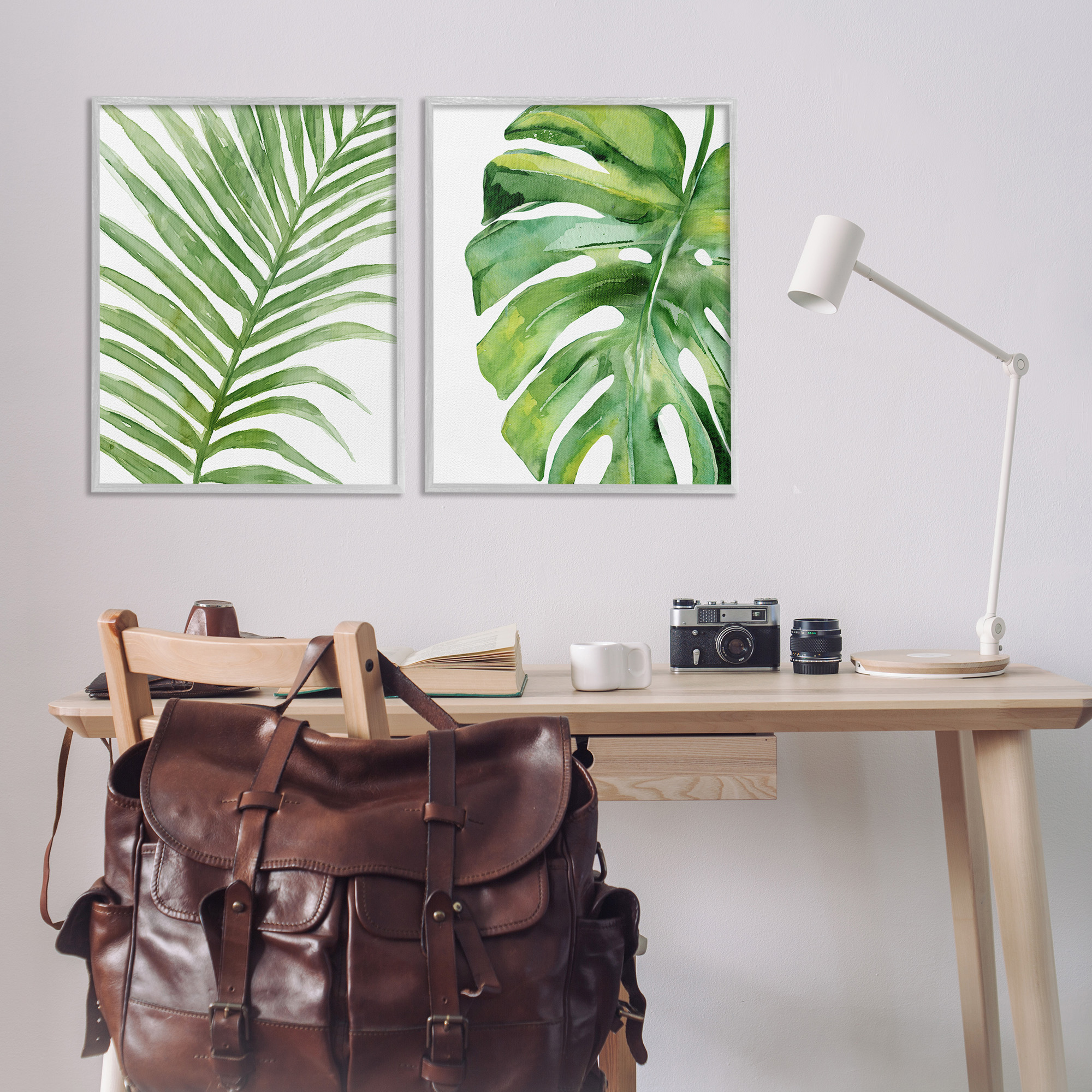 Stupell Industries Minimal Tropical Green Palms Botanical & Floral Painting Gray Framed Art Print Wall Art, 24 x 30, Set of 2