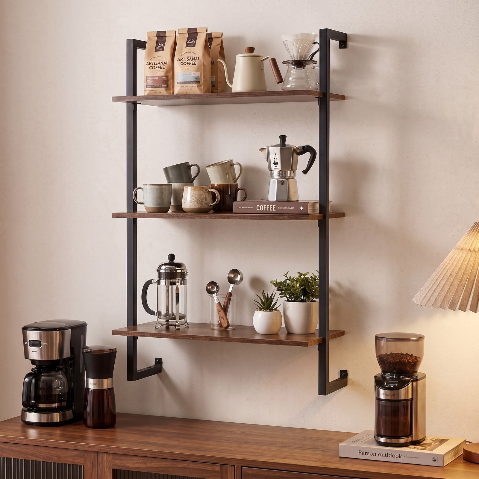 Furnibear 3-Tier Floating Wall Shelf, Modern Wood Bookcase Wall-Mounted Storage Rack for Living Room Bedroom Kitchen Home Office Bathroom, Rustic Brown and Black