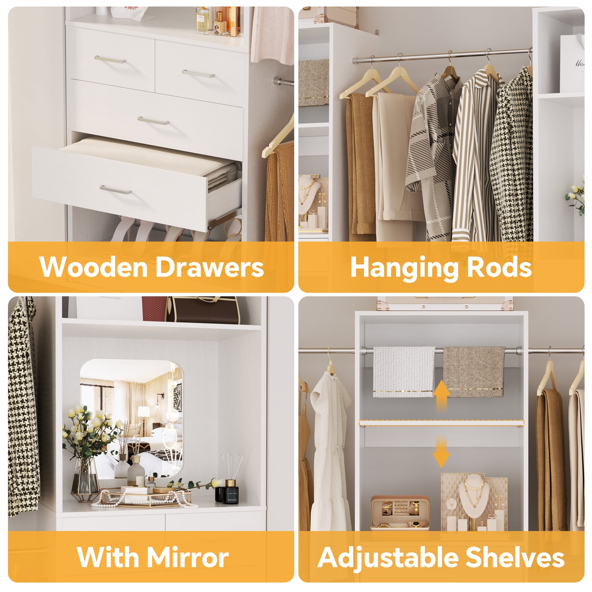 Homieasy 6 - 18.5 ft Closet System with 3 Sets, Closet Organizer with 2 Mirrors, 9 Drawers & 6 Closet Rods for Hanging Clothes, Garment Rack for Bedroom/Closet, 15''D x 79.7''H, White