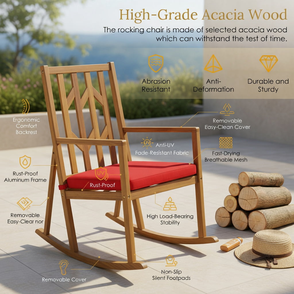 Hommoo Acacia Wood Patio Rocking Chair Sofa with Removable Cushion, Natural Wood Frame, Outdoor Garden & Deck Seating for Backyard, Poolside, Porch, Red