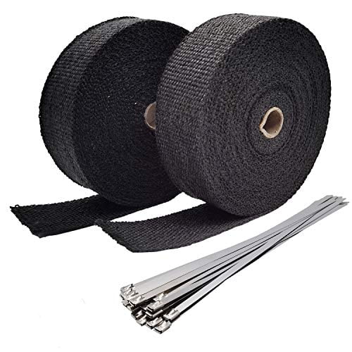 2 x 50 Black Exhaust Heat Wrap Roll for Motorcycle Fiberglass Heat Shield Tape with Stainless Ties 